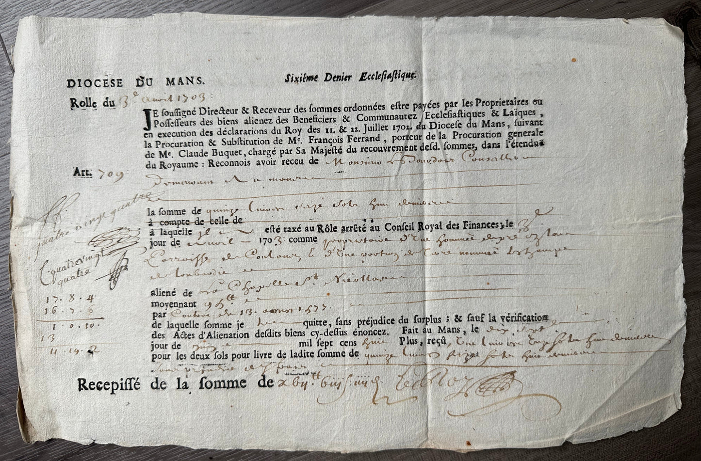 1703 French Catholic Financial Certificate