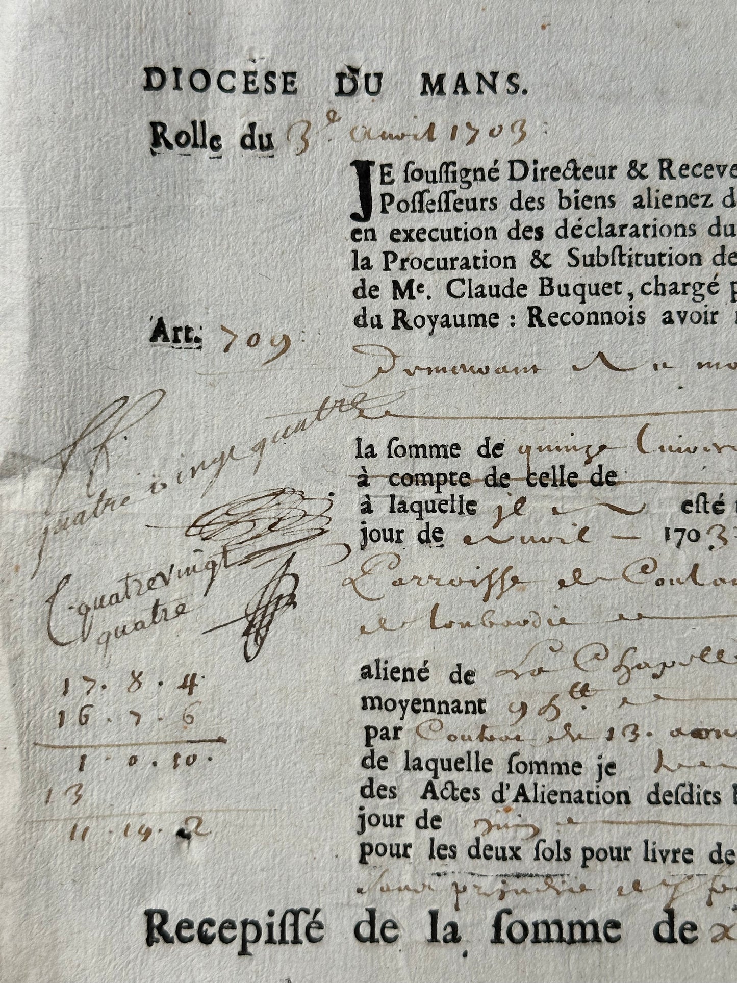 1703 French Catholic Financial Certificate