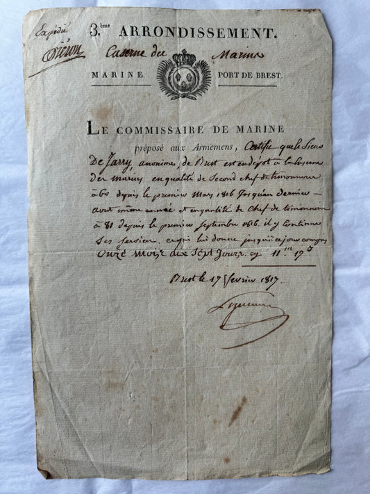 1817 French Naval Commissary Order