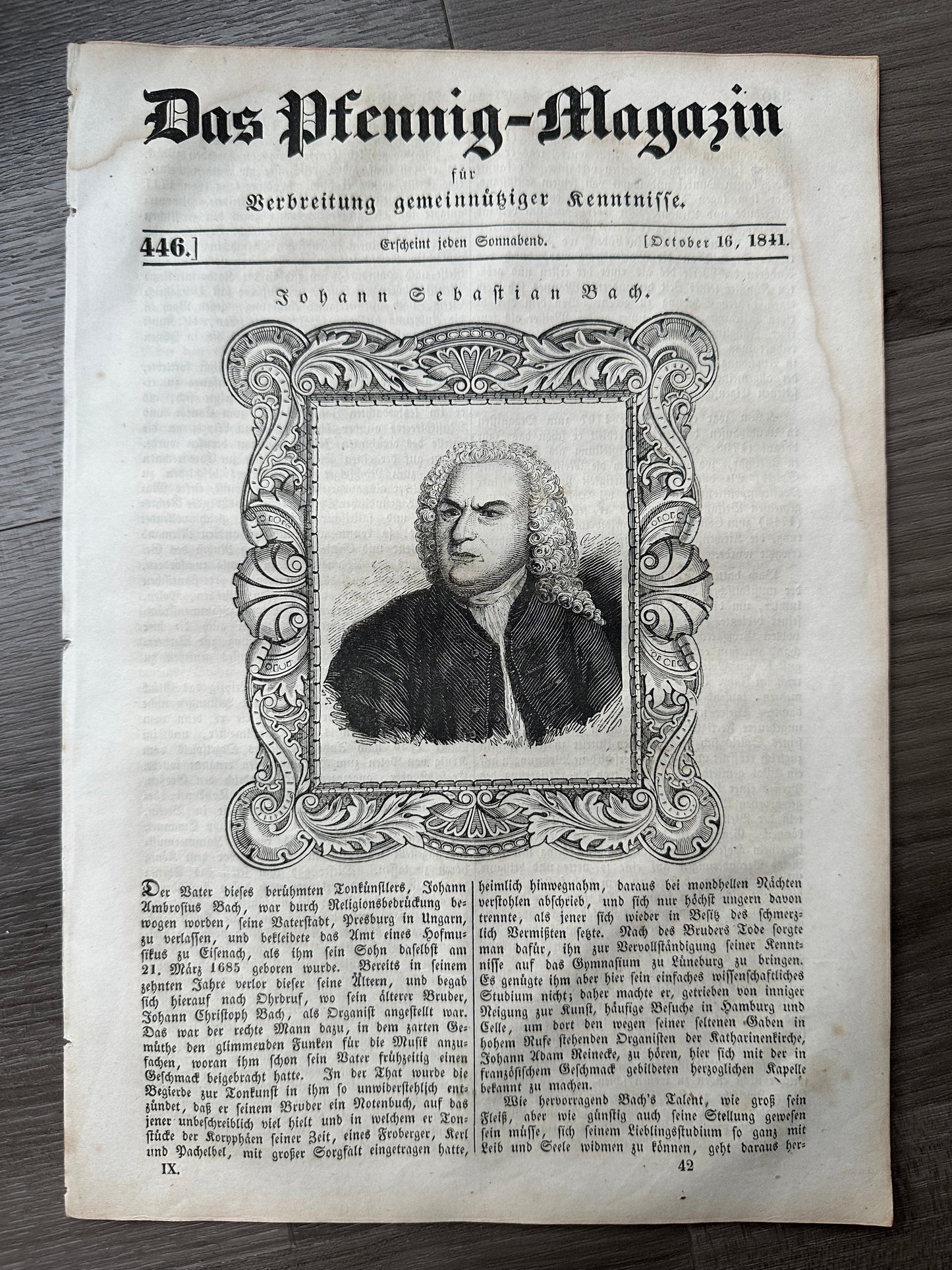 1841 German "Penny" Magazine: Bach